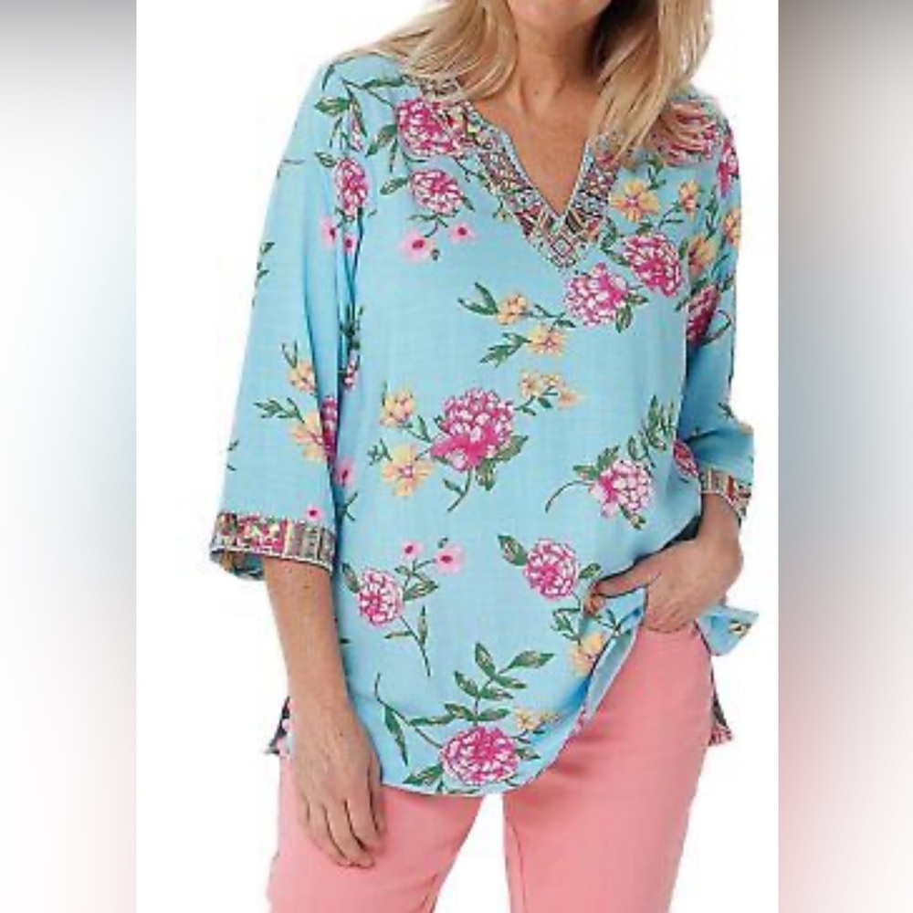 Belle by Kim Gravel Women's Top‎ Size Medium Turquoise Floral Print Blouse